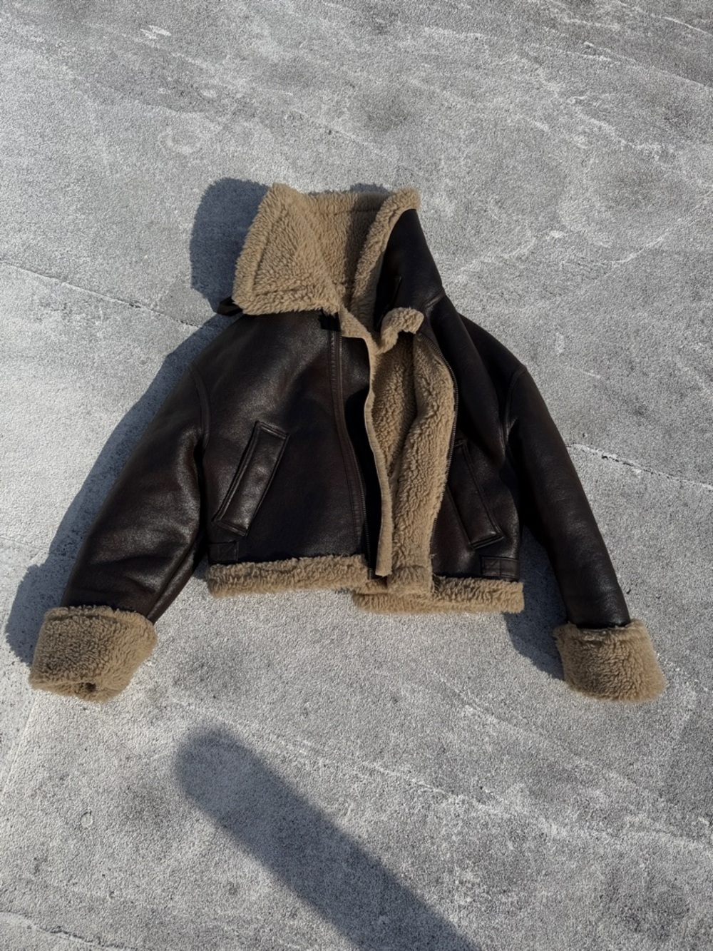 Zara Black Leather Jacket with Tan Shearling Lining